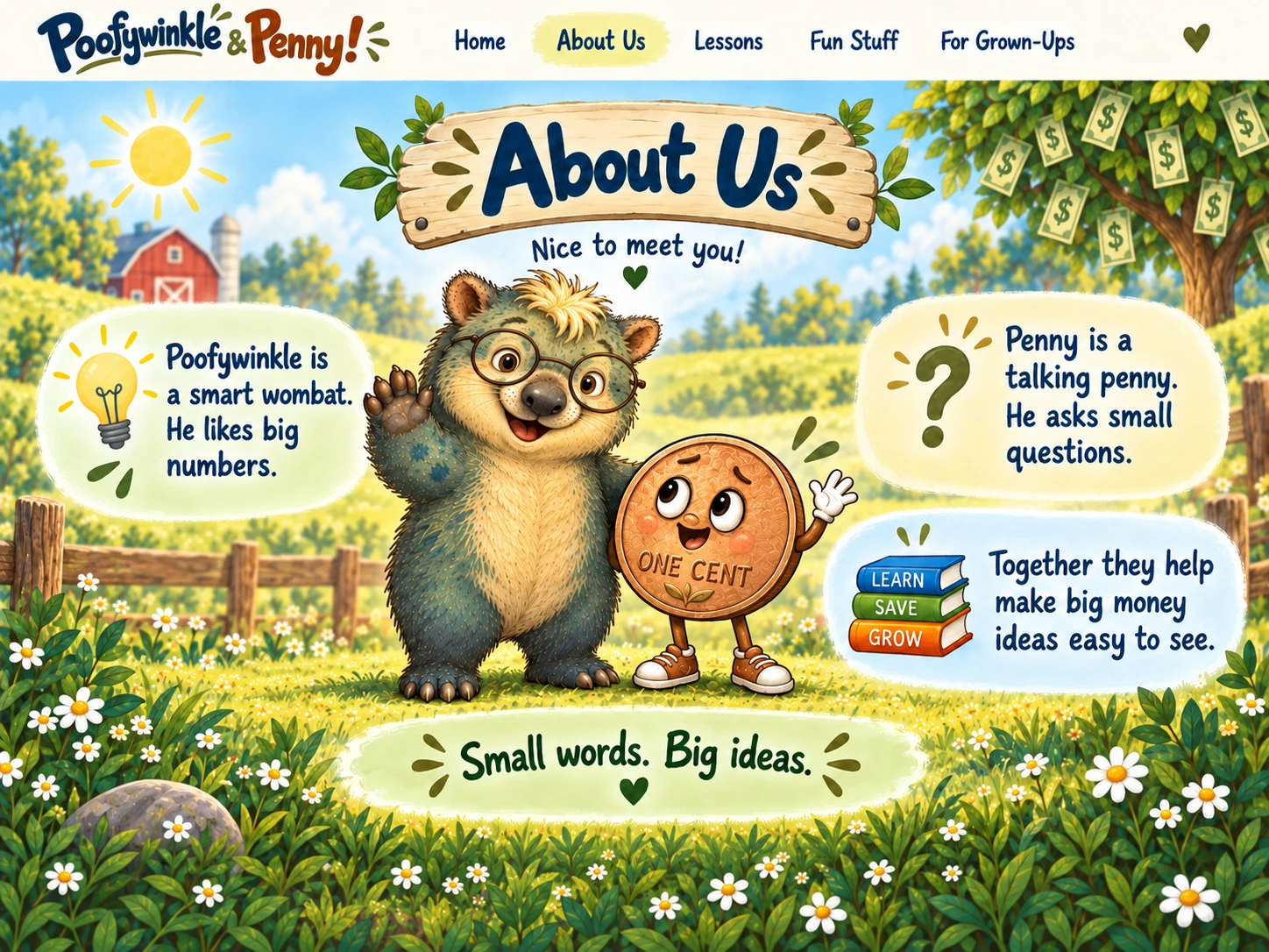 Poofywinkle and Penny introduce themselves on the farm, with dollar bills hanging from the money tree.
