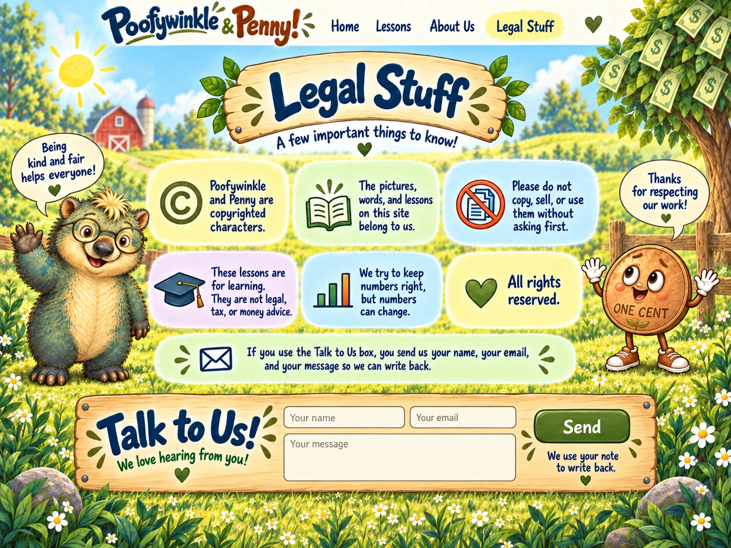 Poofywinkle and Penny present the Legal Stuff: respect the characters and artwork, learn from the lessons, and ask before reusing the work.